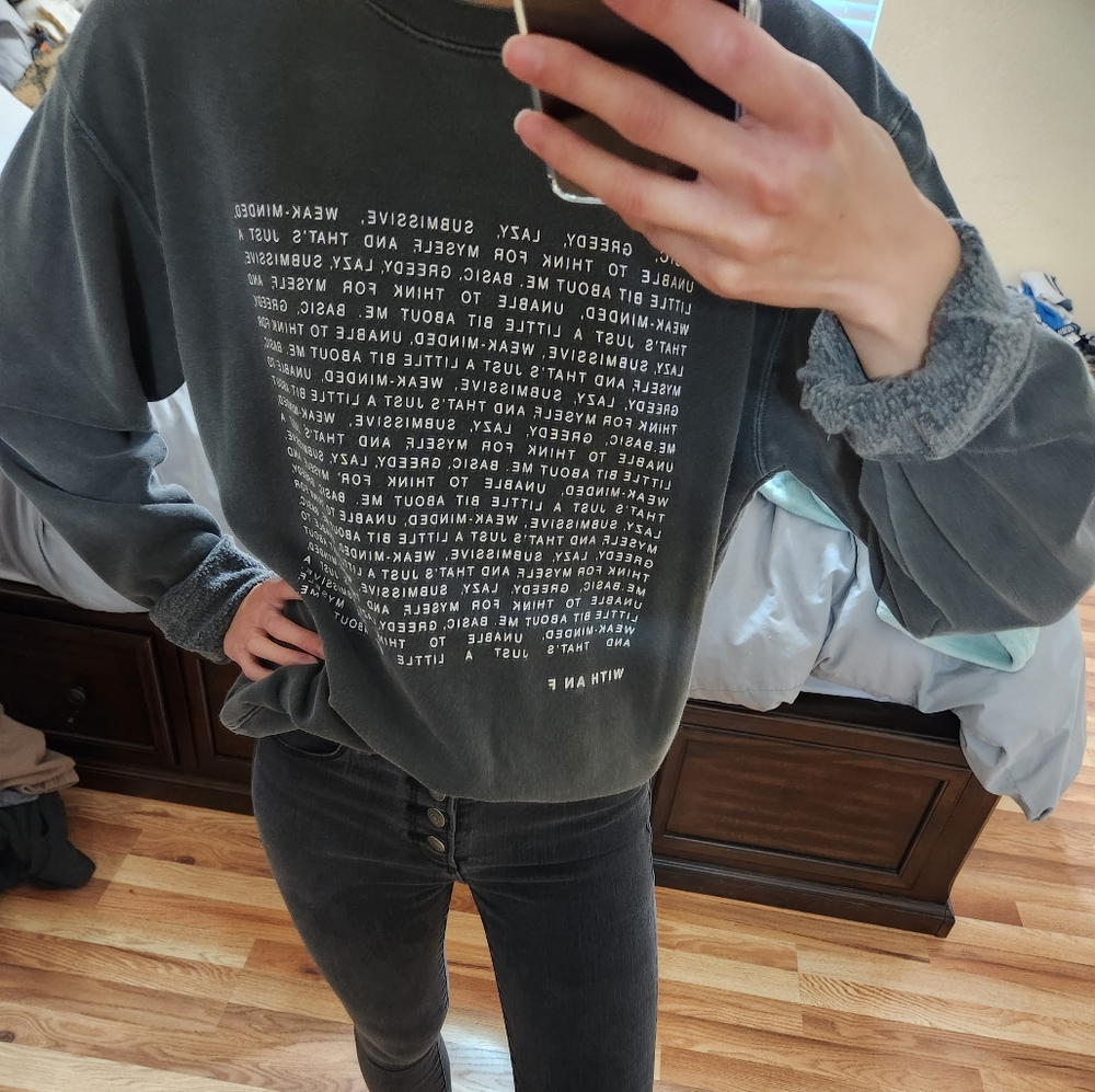 Sofia with an F Oversized Gray Crewneck Sweater